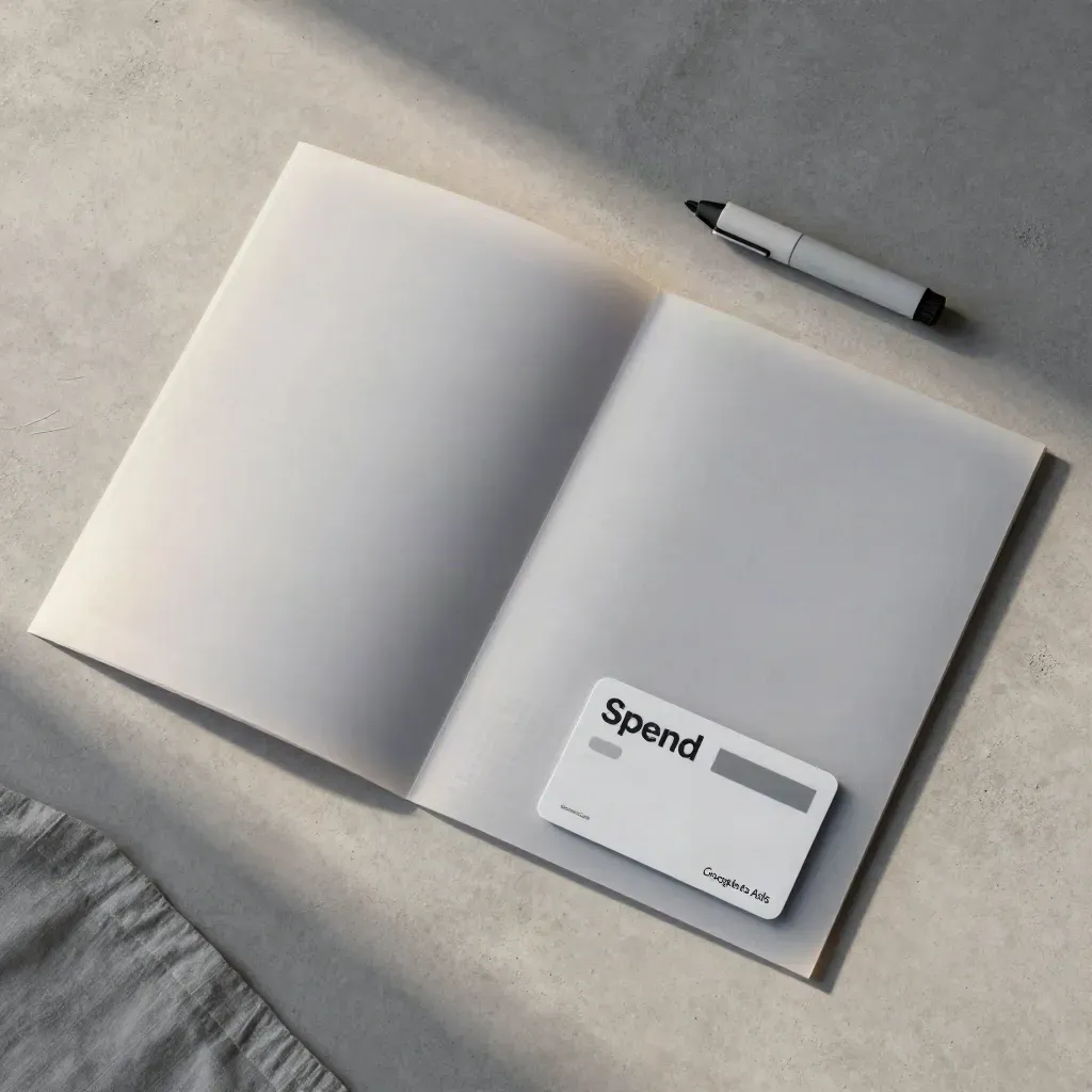 Overhead flatlay of a charcoal audit folder, translucent sheets and a clipped spend card on pale concrete.