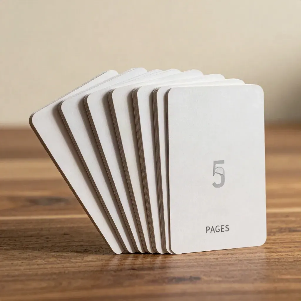 Five slim blank cards fanned in an arc on warm wood with a soft blurred background