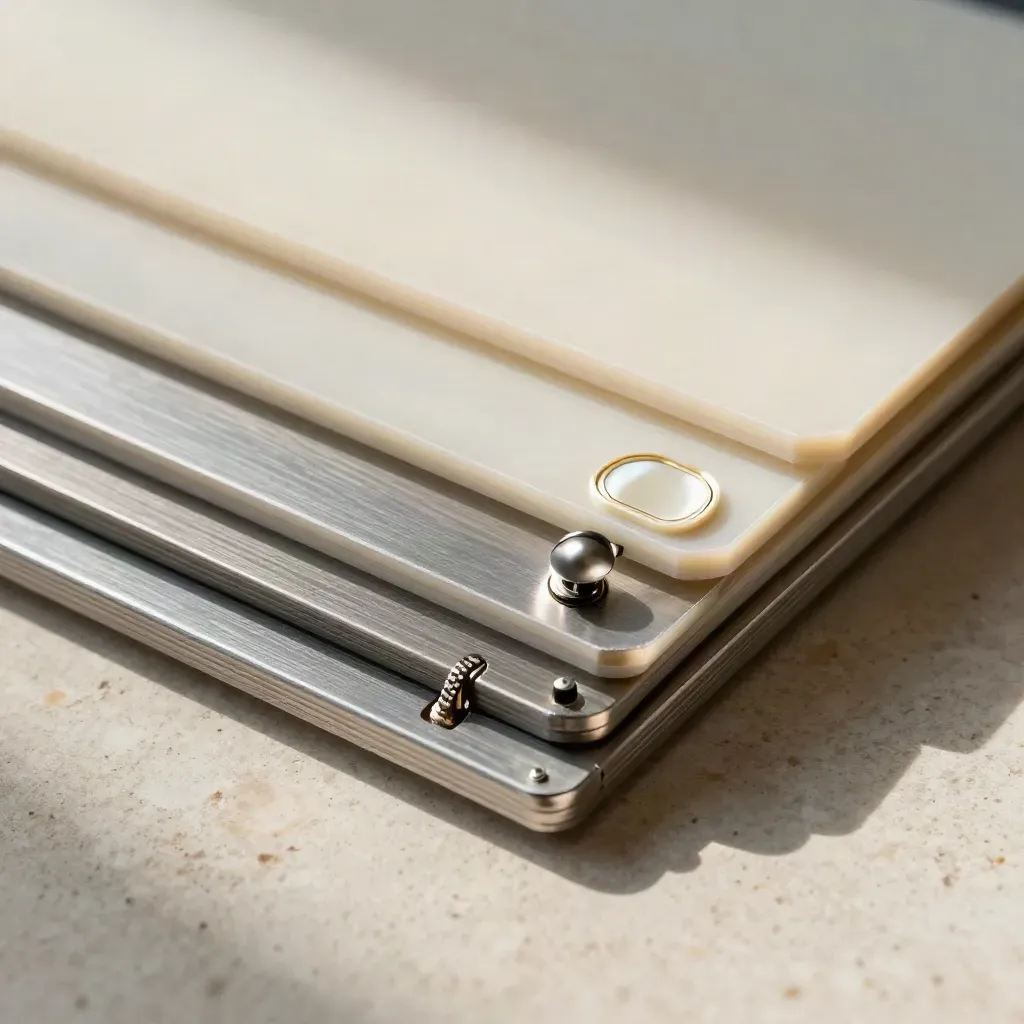 Macro of blank campaign slates, reset slider, and test tile on limestone