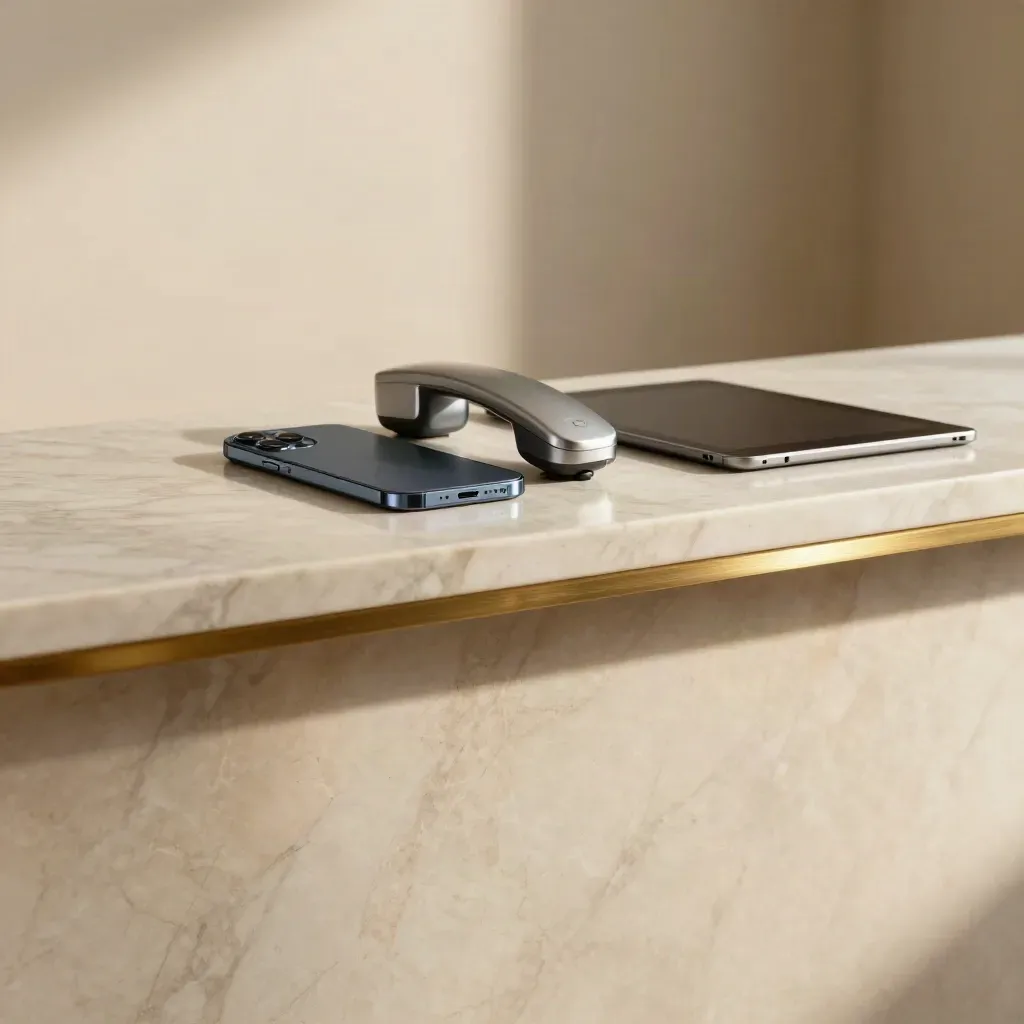 Sunlit marble ledge with brass edge, phone, tablet, and handset on a calm cream background.