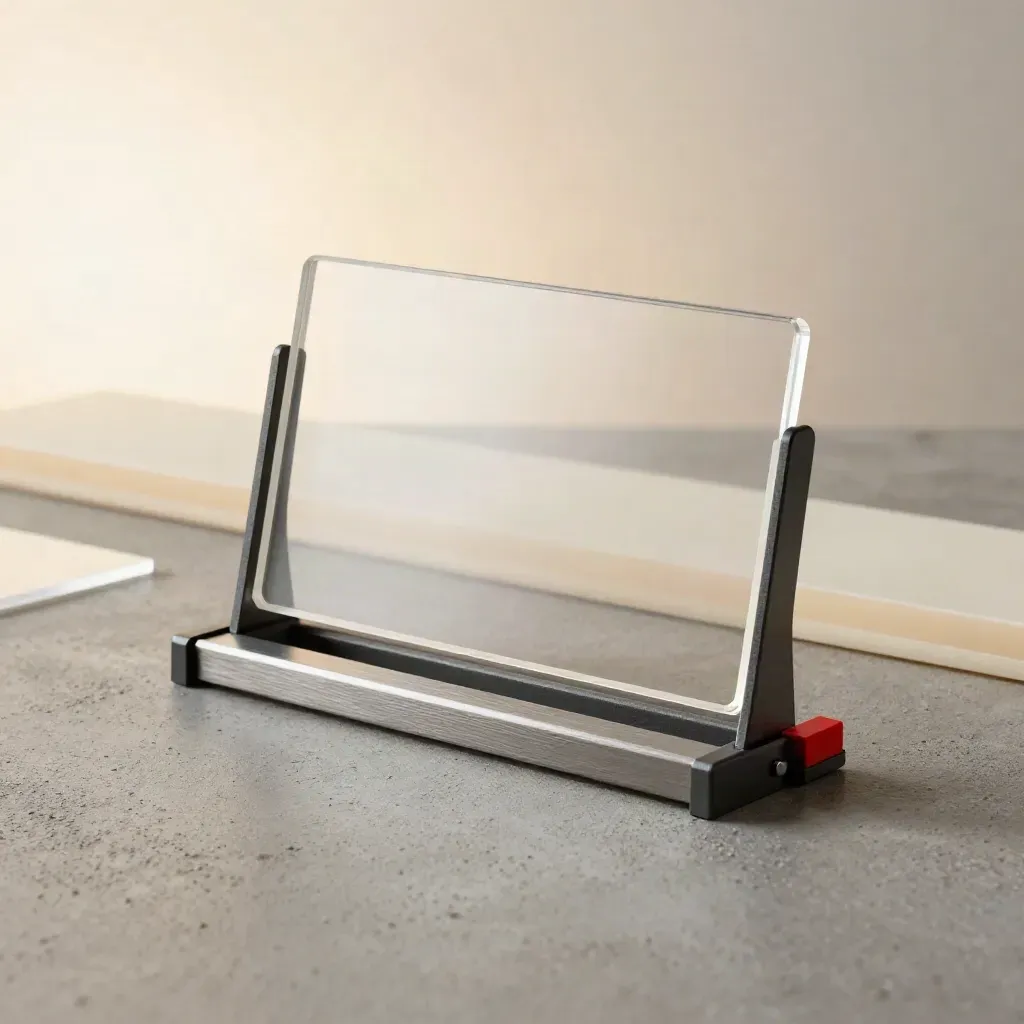 Lead form kit with acrylic panel, input blocks, and stand on cool concrete, softly rim-lit.